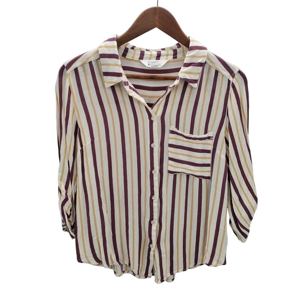 Market & Spruce Womens Striped Button Up Blouse Top‎ Sz M Roll Tab Sleeve Pocket